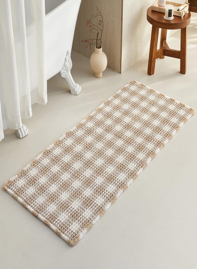 TYUU Waffle Runner Rug Bathroom, Long Boho Bathroom Rugs Non Slip Washable Absorbent Checkered Bathroom Mat Quick Dry Farmhouse Bath Mat, 60"x24" Khaki and White - Image 1