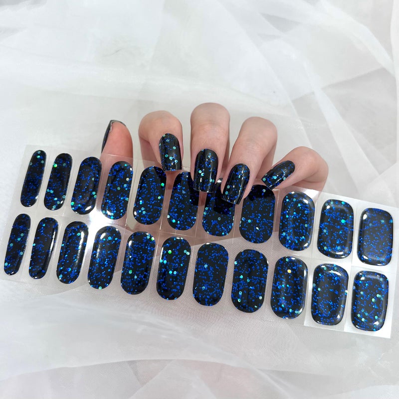 LIFOOST Semi Cured Gel Nail Stickers Black Blue Sparkly Sequins Adhesive Nail Polish Strips for Women Manicure