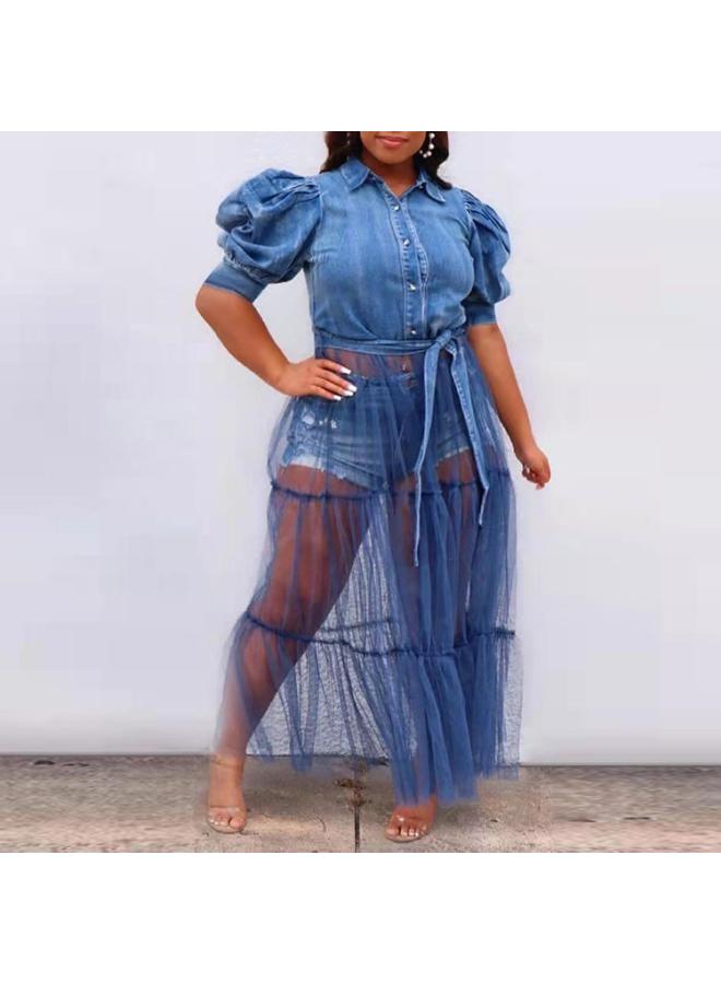 New European And American Plus Size Women's Dress Cardigan Long Dress Elegant Commuting Blue Denim Mesh Dress 