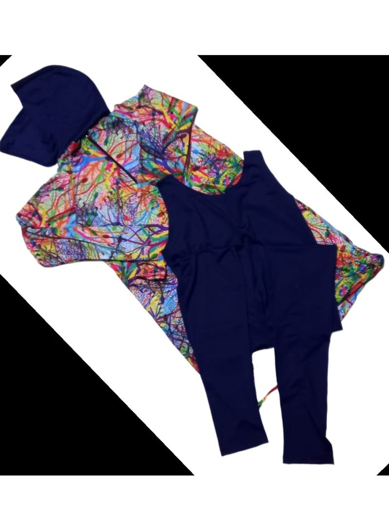 Burkini swimsuit 3 pieces (jumpsuit + tunic + bonnet), wavy, navy blue and multi-colored  - Image 3