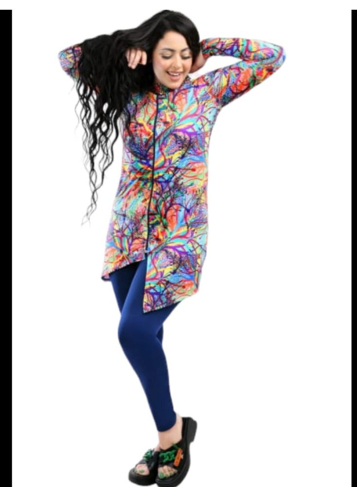 Burkini swimsuit 3 pieces (jumpsuit + tunic + bonnet), wavy, navy blue and multi-colored  - Image 1