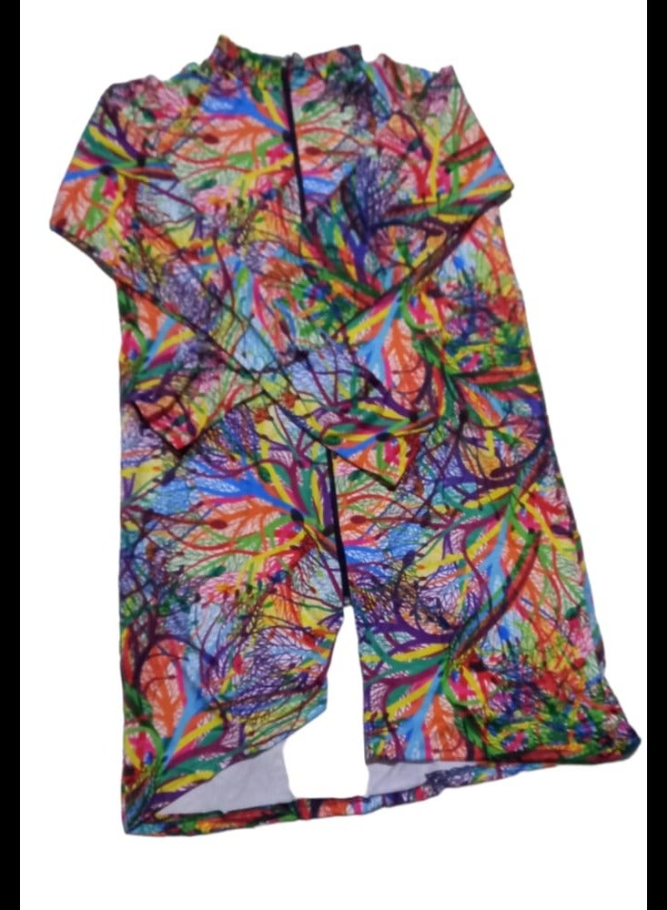 Burkini swimsuit 3 pieces (jumpsuit + tunic + bonnet), wavy, navy blue and multi-colored  - Image 2