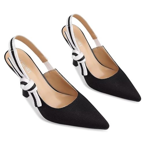 HOCHFART Slingback Heels for Women Closed Pointed Toe High Heels Bowknot Knitted Dress Work Wedding Pumps Shoes Black - Image 3