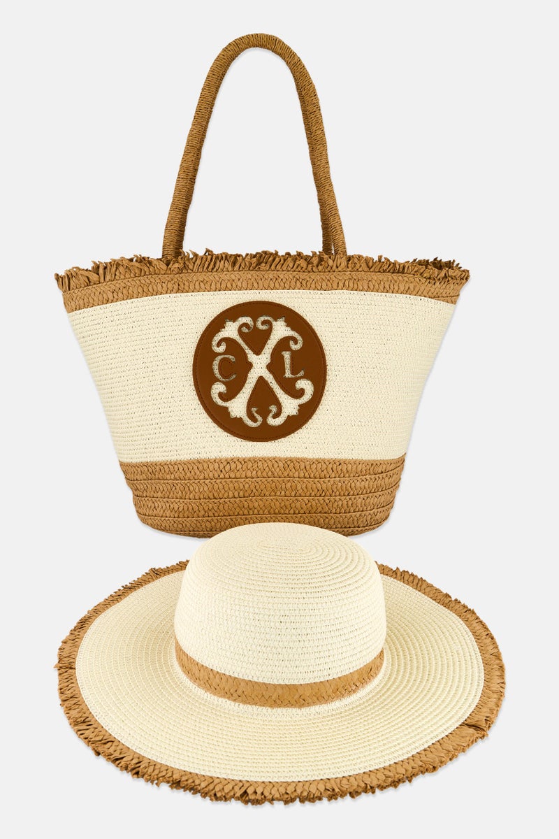 Christian Lacroix Women 2 in1 Maren Straw Tote Bag With Straw Hat Set, Tan - Image 1