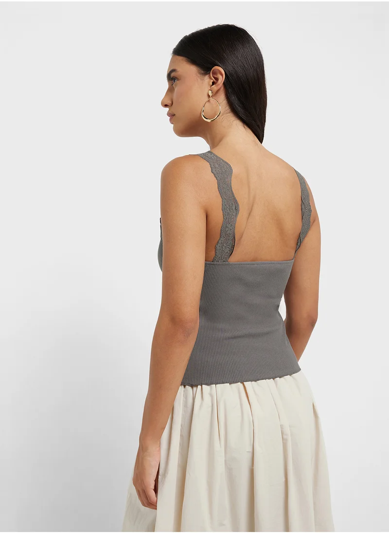 مانجو Fitted Top With Lace Neckline