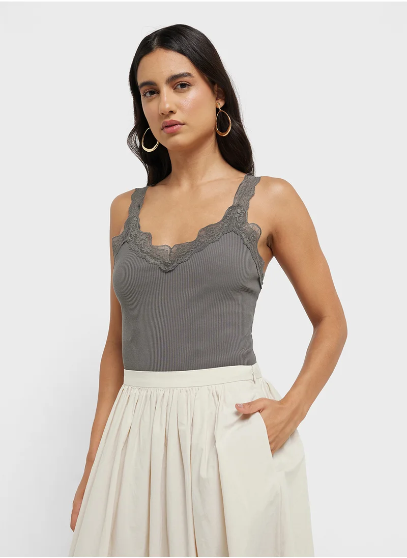 مانجو Fitted Top With Lace Neckline