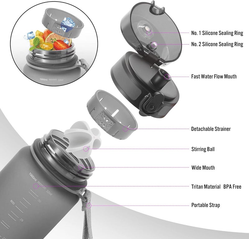 PROIRON زجاجة ماء PROIRON 0.5L/1L مضادة للتسرب خالية من BPA مصنوعة من مادة تريتان الأمريكية زجاجة رياضية مع خفاقة بروتين، غطاء قابل للفتح وشبكة قابلة للإزالة للياقة البدنية وركوب الدراجات والتخييم والرياضات الخارجية - Image 3