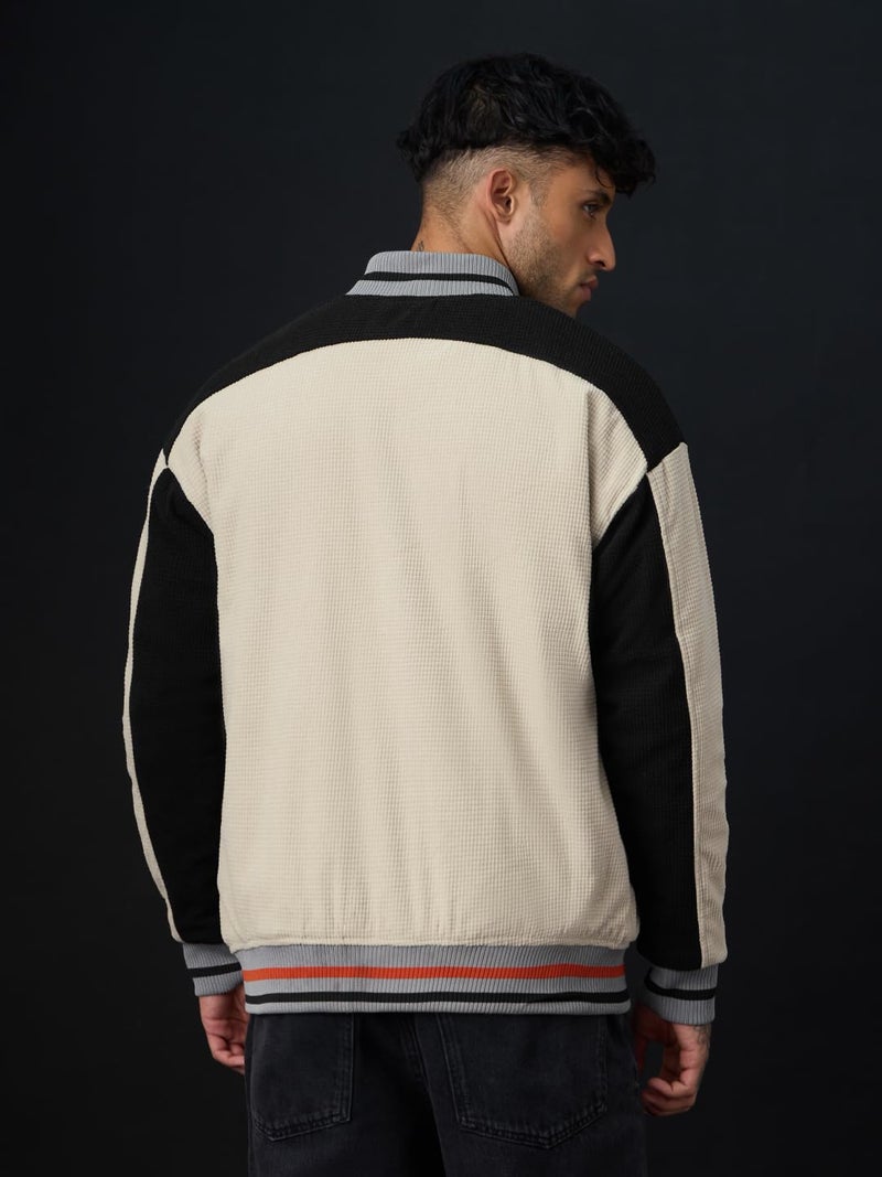 The Souled Store Peanuts: Happy Days Men and Boys Full Sleeves Mandarin Collar Light Beige Typography Embroidered Polyester Oversized Fit Lightweight Everyday Bomber Jacket - Image 3