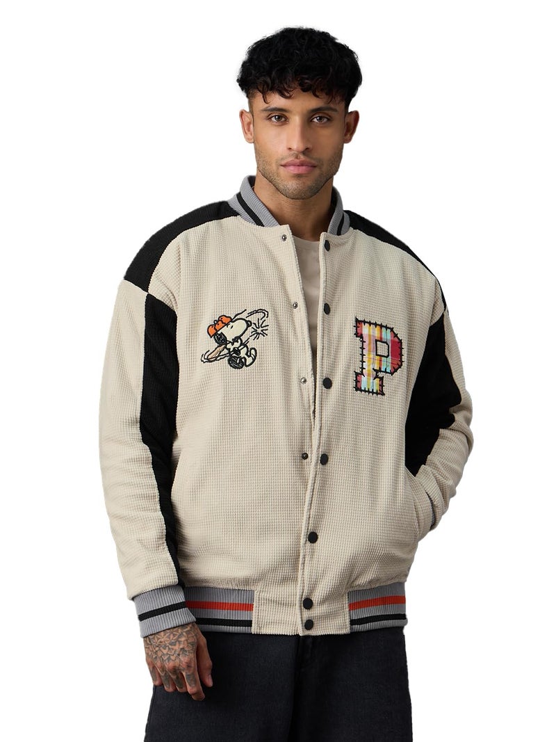 The Souled Store Peanuts: Happy Days Men and Boys Full Sleeves Mandarin Collar Light Beige Typography Embroidered Polyester Oversized Fit Lightweight Everyday Bomber Jacket - Image 1