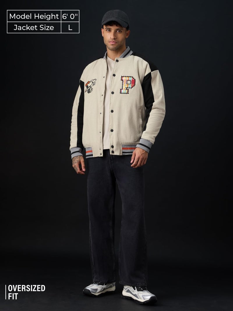 The Souled Store Peanuts: Happy Days Men and Boys Full Sleeves Mandarin Collar Light Beige Typography Embroidered Polyester Oversized Fit Lightweight Everyday Bomber Jacket - Image 2