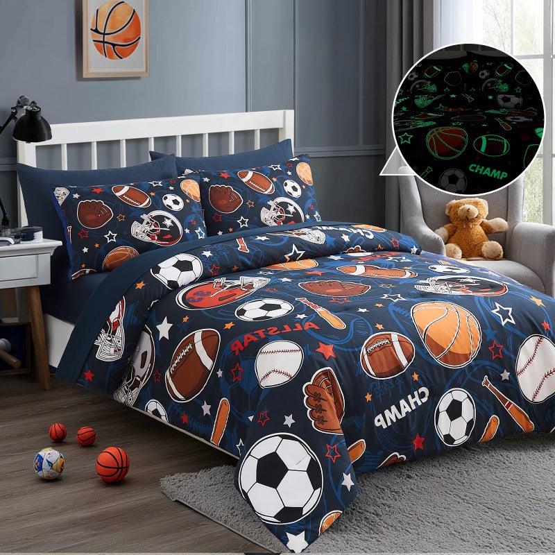 Wink Deer Full Size Comforter Set for Boys-7 Pieces Sports Ball Games Glow in the Dark Full Bedding Sets for Kids, Ultra Soft Bed in A Bag with Sheets - Image 3