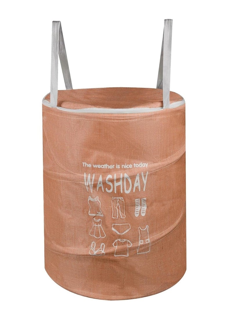 Plan A 45L Round Canvas Laundry Hamper, Foldable Waterproof Storage Basket with Rustproof Plastic Zipper Lid, Ideal for Clothes, Toys, Space Organization (Beige) - Image 1