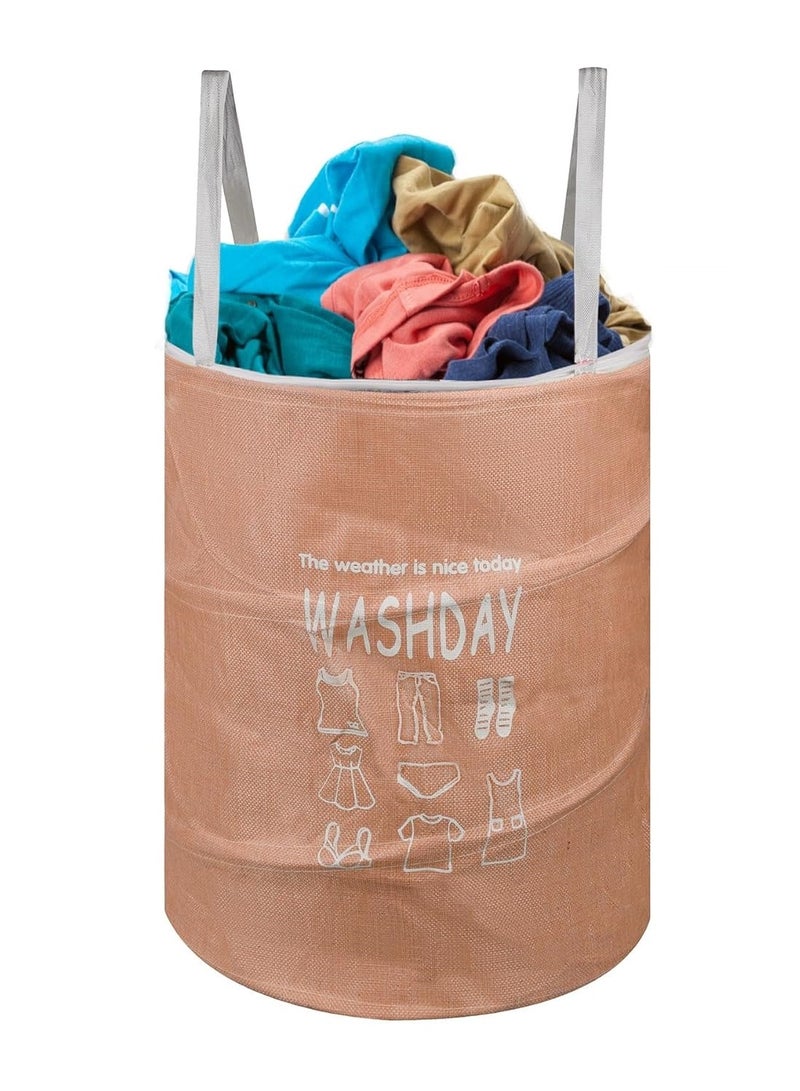 Plan A 45L Round Canvas Laundry Hamper, Foldable Waterproof Storage Basket with Rustproof Plastic Zipper Lid, Ideal for Clothes, Toys, Space Organization (Beige) - Image 2