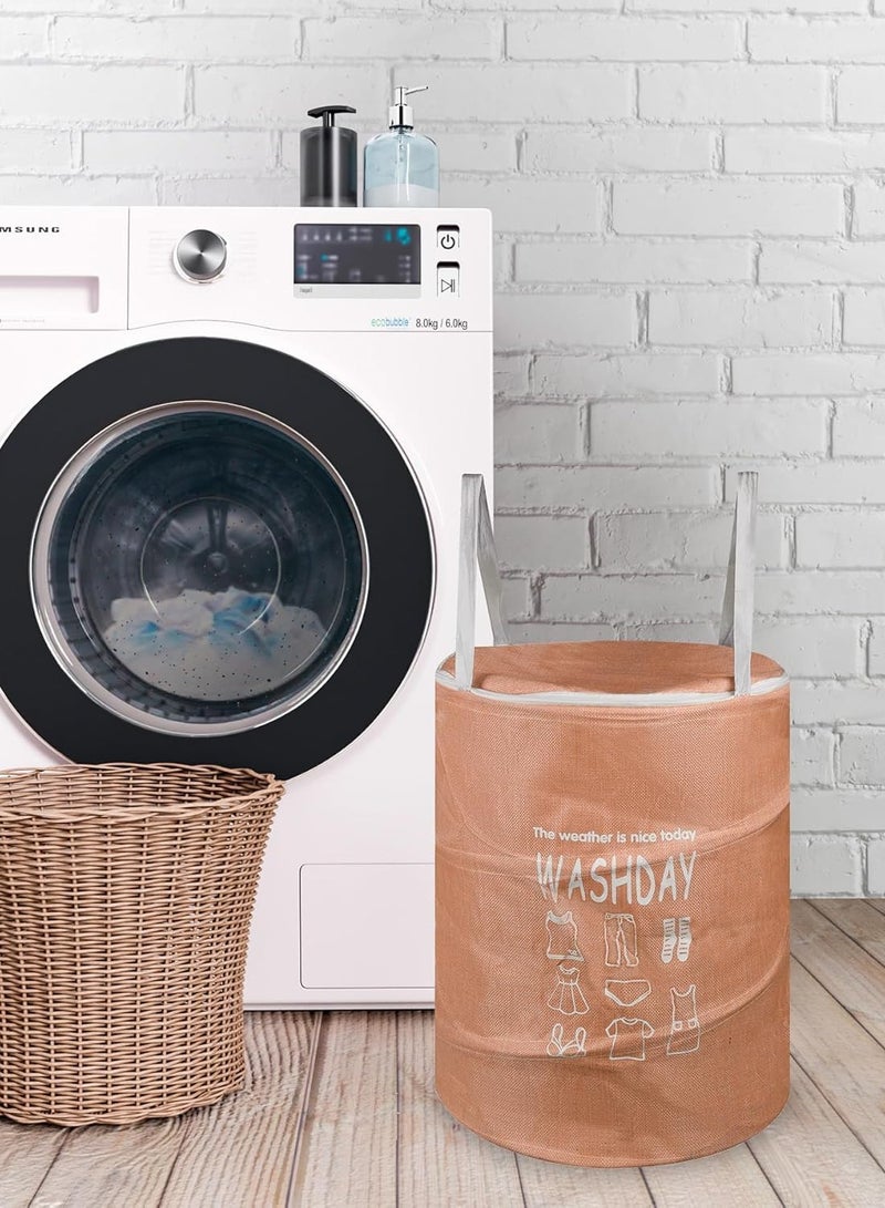 Plan A 45L Round Canvas Laundry Hamper, Foldable Waterproof Storage Basket with Rustproof Plastic Zipper Lid, Ideal for Clothes, Toys, Space Organization (Beige) - Image 3