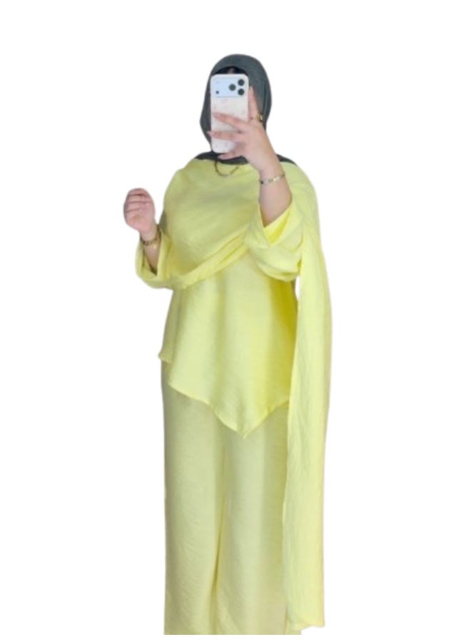 Women's Linen Suit with a Matching Shawl: A stylish, wide-leg set in a lightweight linen fabric. Includes a blouse with a shawl and wide-leg pants in yellow. Suitable for weights approximately 65-70 kg. Code 2020. - Image 1