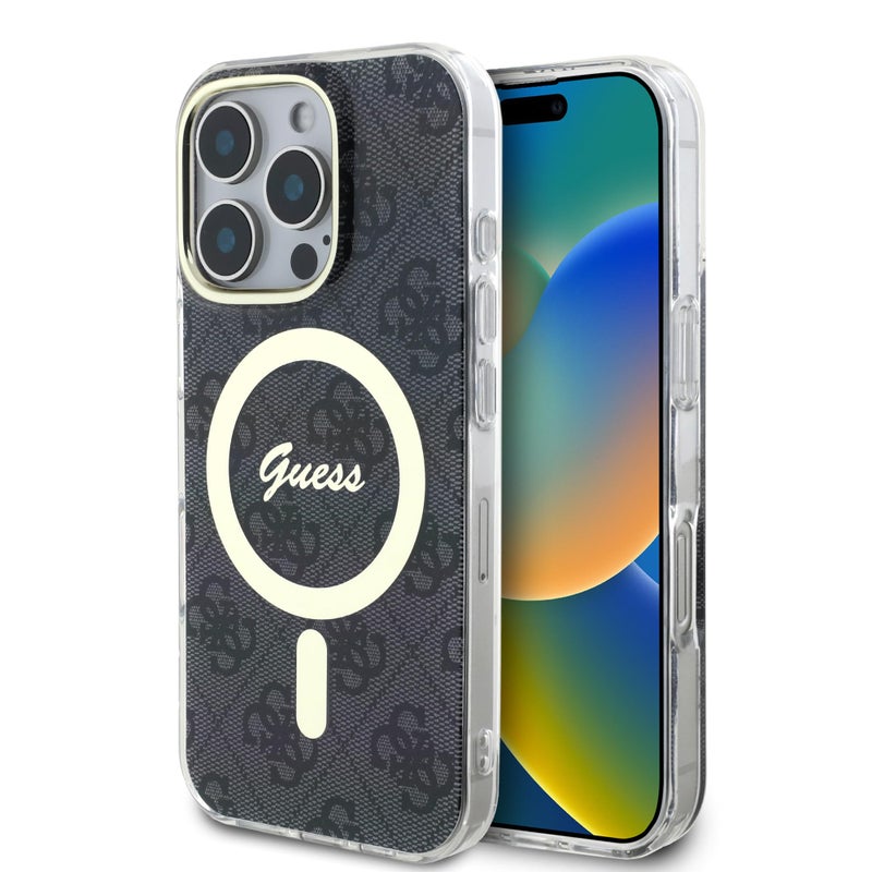 CG MOBILE Compatible with iPhone 16 Pro Max Guess IML Hard Case Compatible with Magsafe with 4G Design Drop Protection Shock Absorption Accurate Cutouts Scratch Protection Black