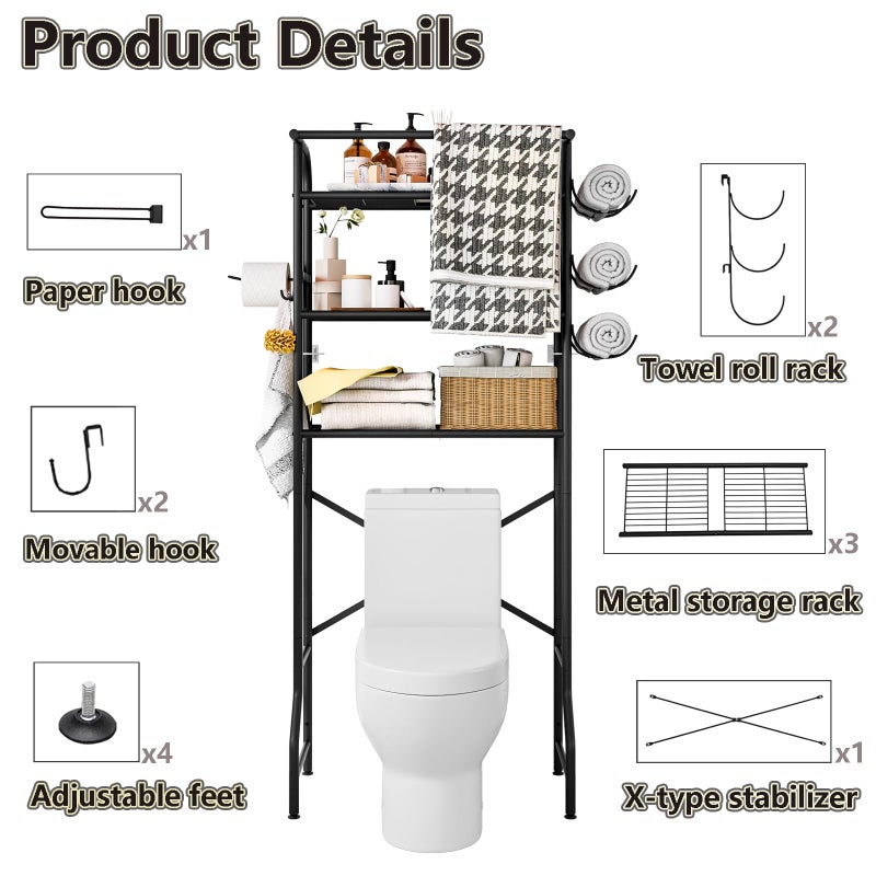 Dazioter Over The Toilet Storage Metal 3 Tier Bathroom Organizer Shelf with Paper Holder Easy to Assemble & Space Saving (Black) - Image 3