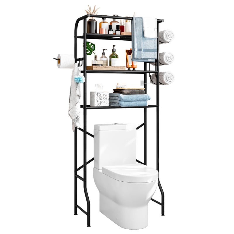 Dazioter Over The Toilet Storage Metal 3 Tier Bathroom Organizer Shelf with Paper Holder Easy to Assemble & Space Saving (Black) - Image 1