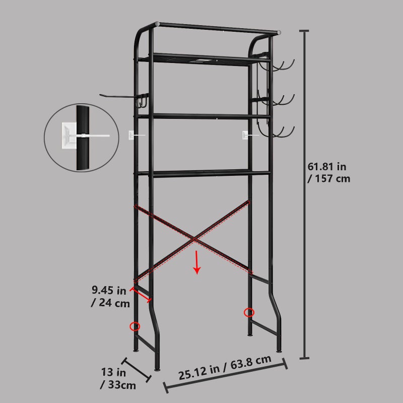 Dazioter Over The Toilet Storage Metal 3 Tier Bathroom Organizer Shelf with Paper Holder Easy to Assemble & Space Saving (Black) - Image 4