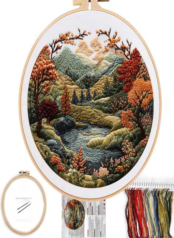 FONNUY Embroidery Kit for Beginners, Boho Nature Landscape Pre-Stamped Pattern Kits for Adults with Hoop, Easy to Follow Color Thread Needlework, 8'' Hoop (Flowers Hills) - Image 1