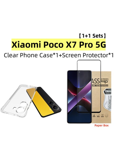 [1+1 Sets] For Xiaomi Poco X7 Pro 5G Case & Screen Protector Crystal Clear Ultra Slim Anti Scratch Shockproof Protective TPU Back Cover with Tempered Glass Screen Protector