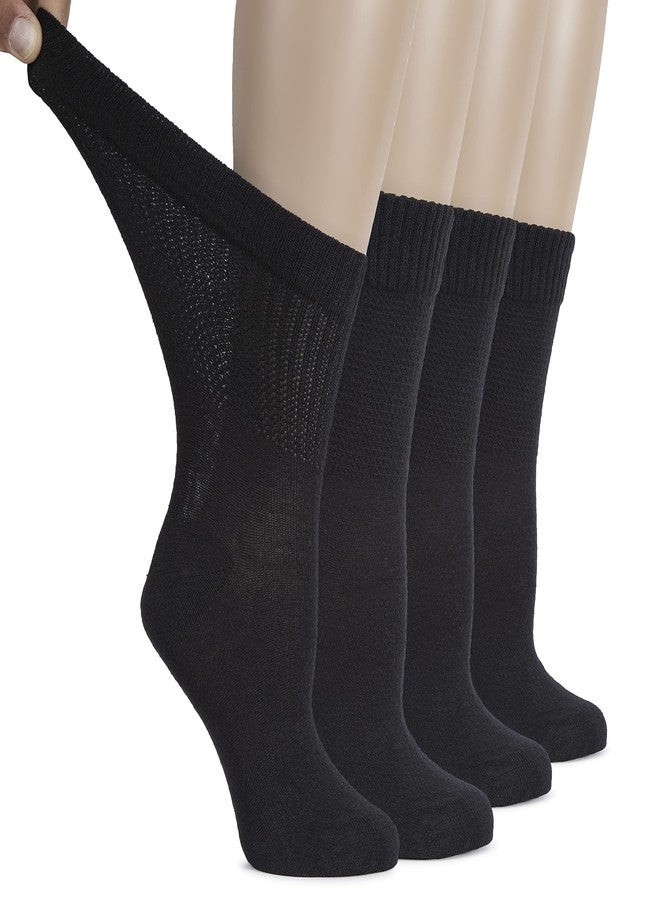 Hugh Ugoli Women's Cotton Diabetic Crew Socks, Wide, Thin, Loose Fit and Stretchy, Seamless Toe & Non-Binding Top, 4 Pairs, Black, Shoe Size: 9-12 - Image 1