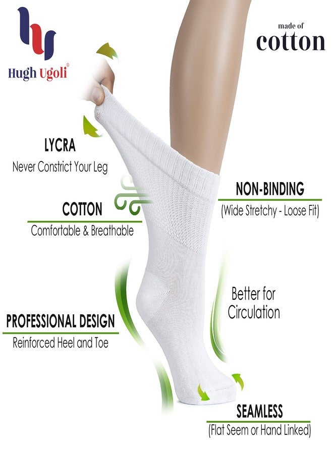 Hugh Ugoli Women's Cotton Diabetic Crew Socks, Wide, Thin, Loose Fit and Stretchy, Seamless Toe & Non-Binding Top, 4 Pairs, Black, Shoe Size: 9-12 - Image 4