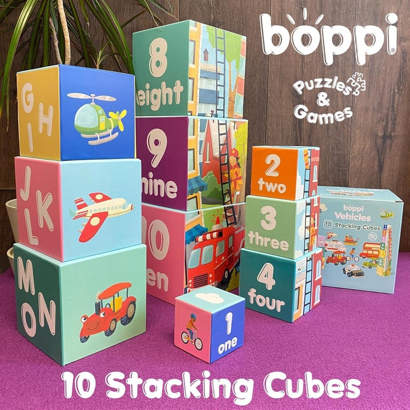 Boppi Stacking Cube Toy with Vehicles Letters Numbers, Montessori Cube Stacking Toy from 1 Year Stacking Tower as Motor Skills Toy Stacking Game from 1 Year Letters Cube Set - Image 2