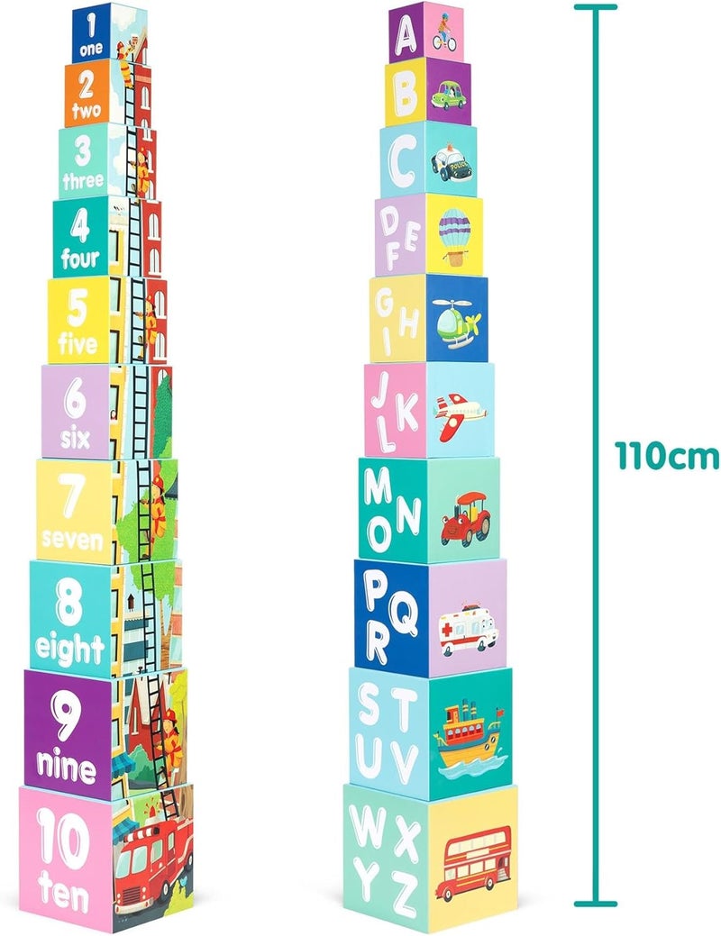 Boppi Stacking Cube Toy with Vehicles Letters Numbers, Montessori Cube Stacking Toy from 1 Year Stacking Tower as Motor Skills Toy Stacking Game from 1 Year Letters Cube Set - Image 4