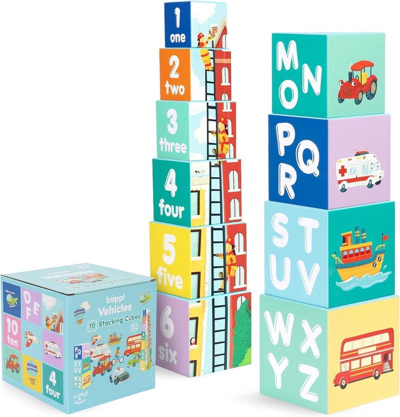 Boppi Stacking Cube Toy with Vehicles Letters Numbers, Montessori Cube Stacking Toy from 1 Year Stacking Tower as Motor Skills Toy Stacking Game from 1 Year Letters Cube Set - Image 1