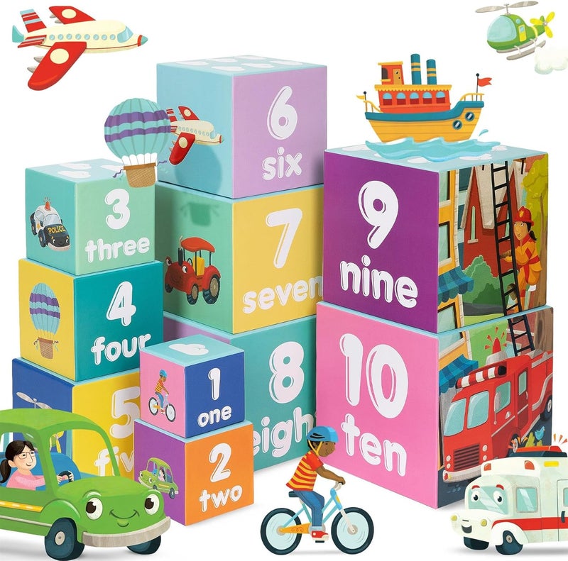 Boppi Stacking Cube Toy with Vehicles Letters Numbers, Montessori Cube Stacking Toy from 1 Year Stacking Tower as Motor Skills Toy Stacking Game from 1 Year Letters Cube Set - Image 5