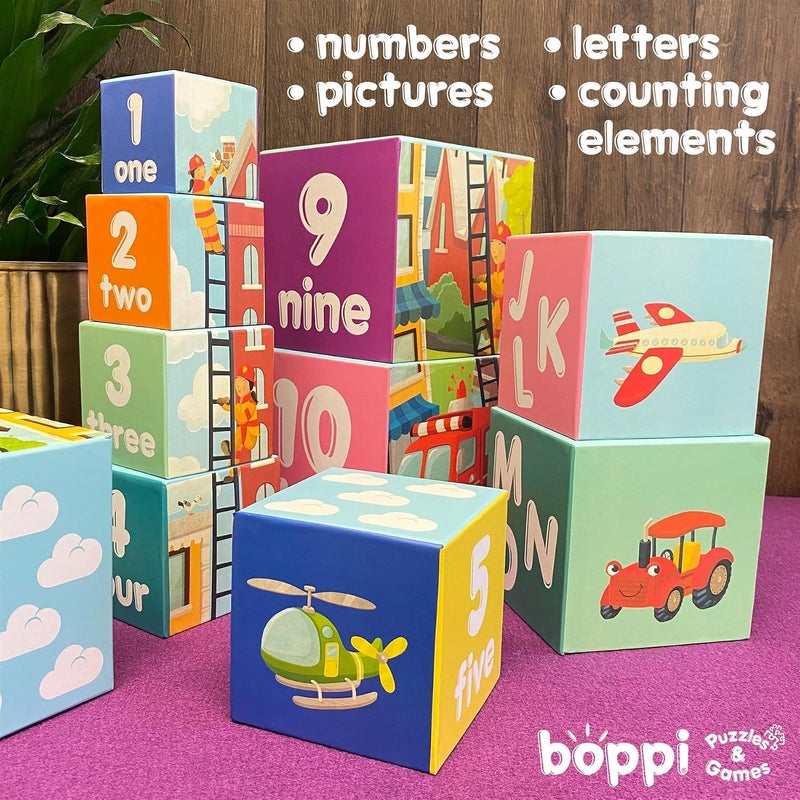 Boppi Stacking Cube Toy with Vehicles Letters Numbers, Montessori Cube Stacking Toy from 1 Year Stacking Tower as Motor Skills Toy Stacking Game from 1 Year Letters Cube Set - Image 3