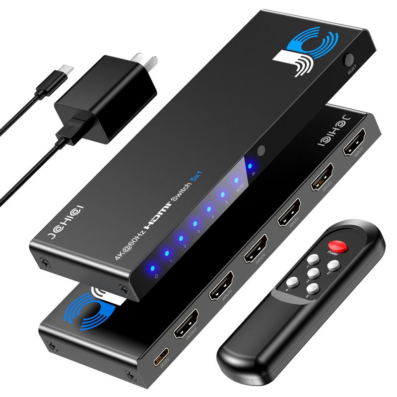 JCHICI مفتاح HDMI 4K JCHICI 5x1 مع جهاز تحكم عن بعد - 4K@60Hz HDR HDCP 2.2 - محول تلقائي لجهاز PS5/PS4/Xbox/Switch/PC - Image 1