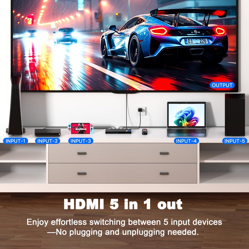 JCHICI مفتاح HDMI 4K JCHICI 5x1 مع جهاز تحكم عن بعد - 4K@60Hz HDR HDCP 2.2 - محول تلقائي لجهاز PS5/PS4/Xbox/Switch/PC - Image 3