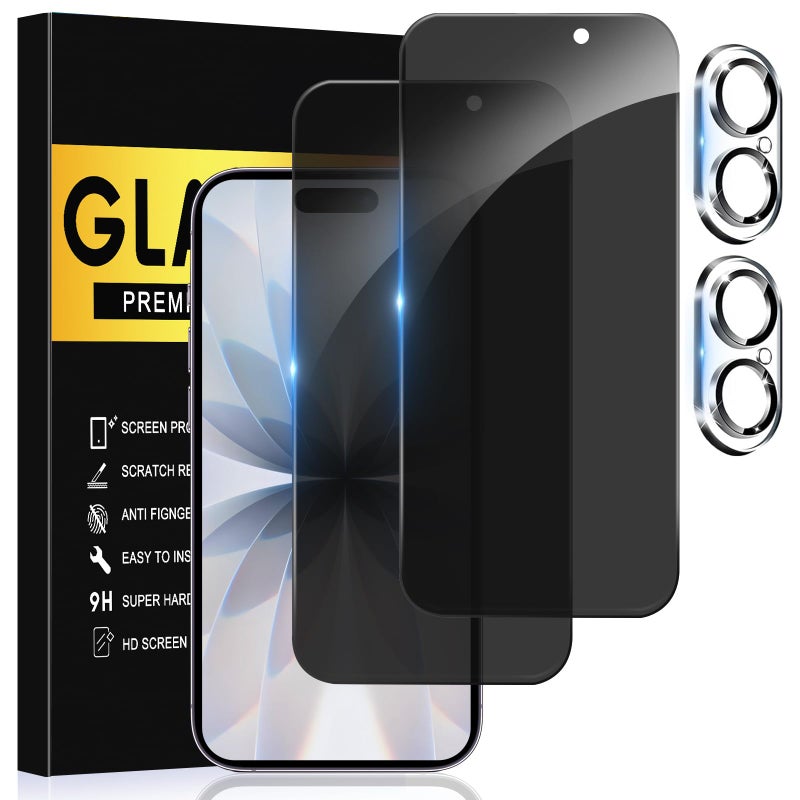 AVOAR 2+2 Pack Privacy Screen Protector for iPhone 17 with Camera Lens Protector, 6.3 Inch Tempered Full Screen Glass Accessories, Anti-Spy, Bubble Free, Case Friendly - Image 1