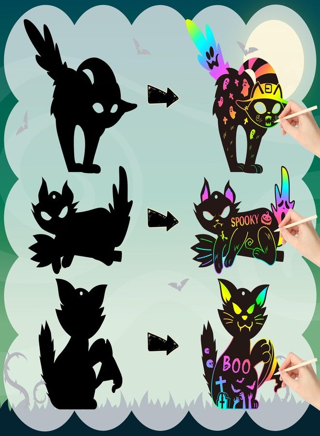 CY2SIDE CY2CSIDE Halloween Black Cat Scratch Cards - 60PCS Halloween Spooky Ornament Scratch Card Gift Set for Kids DIY Black Cat Skull Magic Arty Rainbow Color Bookmark Craft Kit for Kids School Activity - Image 3