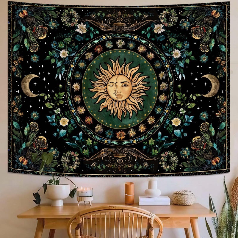 Lifeella Sun and Moon Tapestry, Vintage Boho Wall Decor, Aesthetic Tapestries for Bedroom Living Room, Mystic Floral Black Green Plant Art 36Ã—48 inches - Image 2