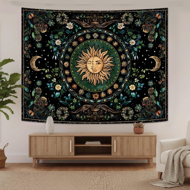 Lifeella Sun and Moon Tapestry, Vintage Boho Wall Decor, Aesthetic Tapestries for Bedroom Living Room, Mystic Floral Black Green Plant Art 36Ã—48 inches - Image 3