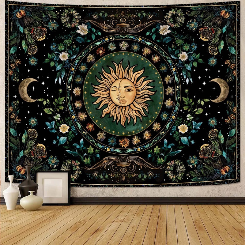 Lifeella Sun and Moon Tapestry, Vintage Boho Wall Decor, Aesthetic Tapestries for Bedroom Living Room, Mystic Floral Black Green Plant Art 36Ã—48 inches - Image 1