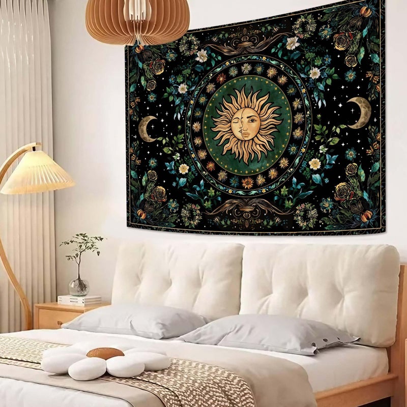 Lifeella Sun and Moon Tapestry, Vintage Boho Wall Decor, Aesthetic Tapestries for Bedroom Living Room, Mystic Floral Black Green Plant Art 36Ã—48 inches - Image 4