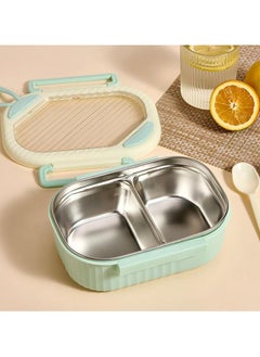 TYCOM Stainless Steel Lunch Box for Kid School Insulated Bento Lunch Box 2 Compartment Divided Lunch Containers with Lids Leakproof BFA Free Dishwasher Safe Strip Green. 