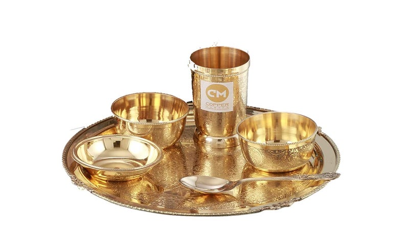 Copper-Master Luxury Pure & Heavy Brass Thali Set (Brass Dinner Set) Set of 6 Best Gift Concept Spiritual Gift Item Concept Hotelware Dinnerware - Image 3