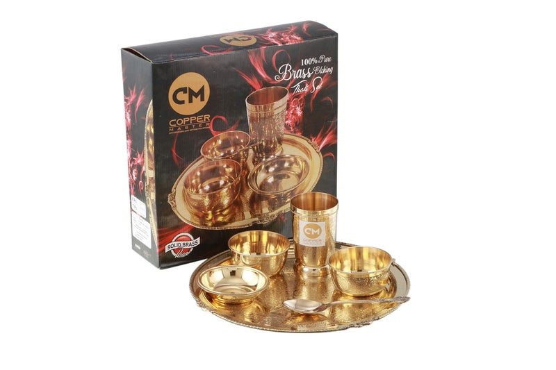 Copper-Master Luxury Pure & Heavy Brass Thali Set (Brass Dinner Set) Set of 6 Best Gift Concept Spiritual Gift Item Concept Hotelware Dinnerware - Image 1