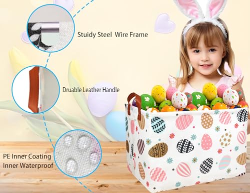 BOOHIT Rectangle Empty Easter Baskets Boy Large Toy Storage Bin Girls collapsible Hamper Waterproof Canvas Box Kid Gifts Spring Decor( Flower Egg ) - Image 4
