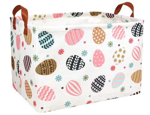 BOOHIT Rectangle Empty Easter Baskets Boy Large Toy Storage Bin Girls collapsible Hamper Waterproof Canvas Box Kid Gifts Spring Decor( Flower Egg ) - Image 1