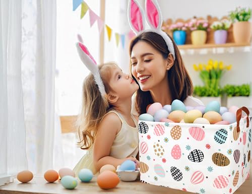 BOOHIT Rectangle Empty Easter Baskets Boy Large Toy Storage Bin Girls collapsible Hamper Waterproof Canvas Box Kid Gifts Spring Decor( Flower Egg ) - Image 3