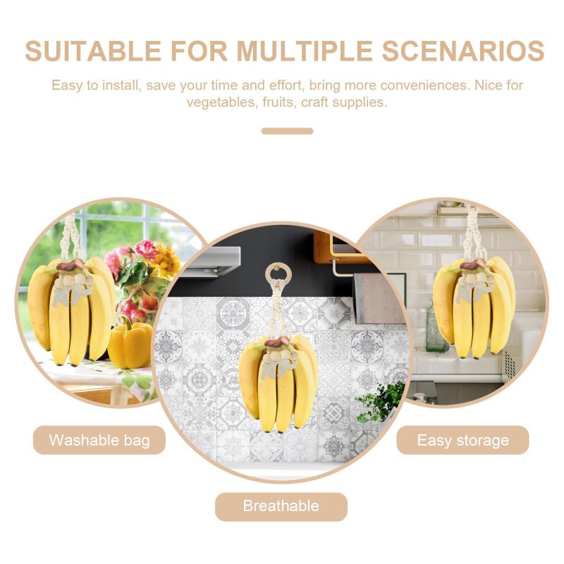 Cream White Bohemian Cotton Rope Banana Hanger Set with Wooden Beads - Image 4