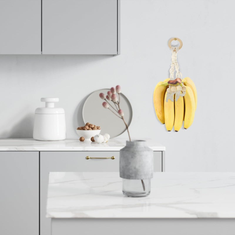 Cream White Bohemian Cotton Rope Banana Hanger Set with Wooden Beads - Image 5