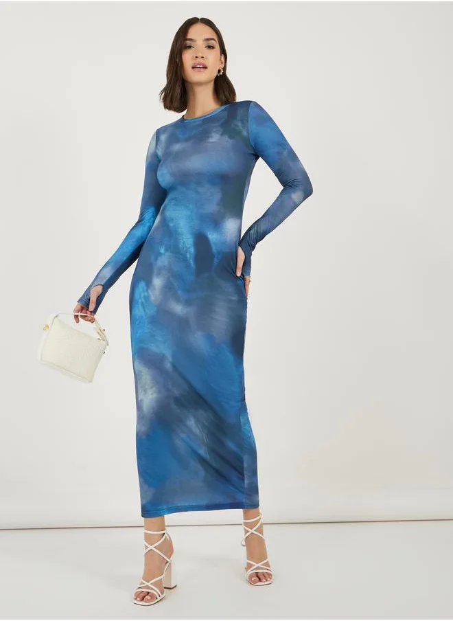 ستايلي Tie and Dye Print Long Sleeves Bodycon Maxi Dress