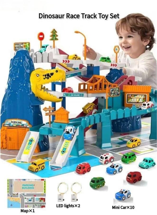 Dinosaur Climbing Hills Race Track Playset, 10 Mini Race Colorful Vehicles Small Cars, Car Ramp Toy  Kids Car Ramp Track, Preschool Gifts for 3 4 5 6 7 8 Year Old Boys Girls - Image 1